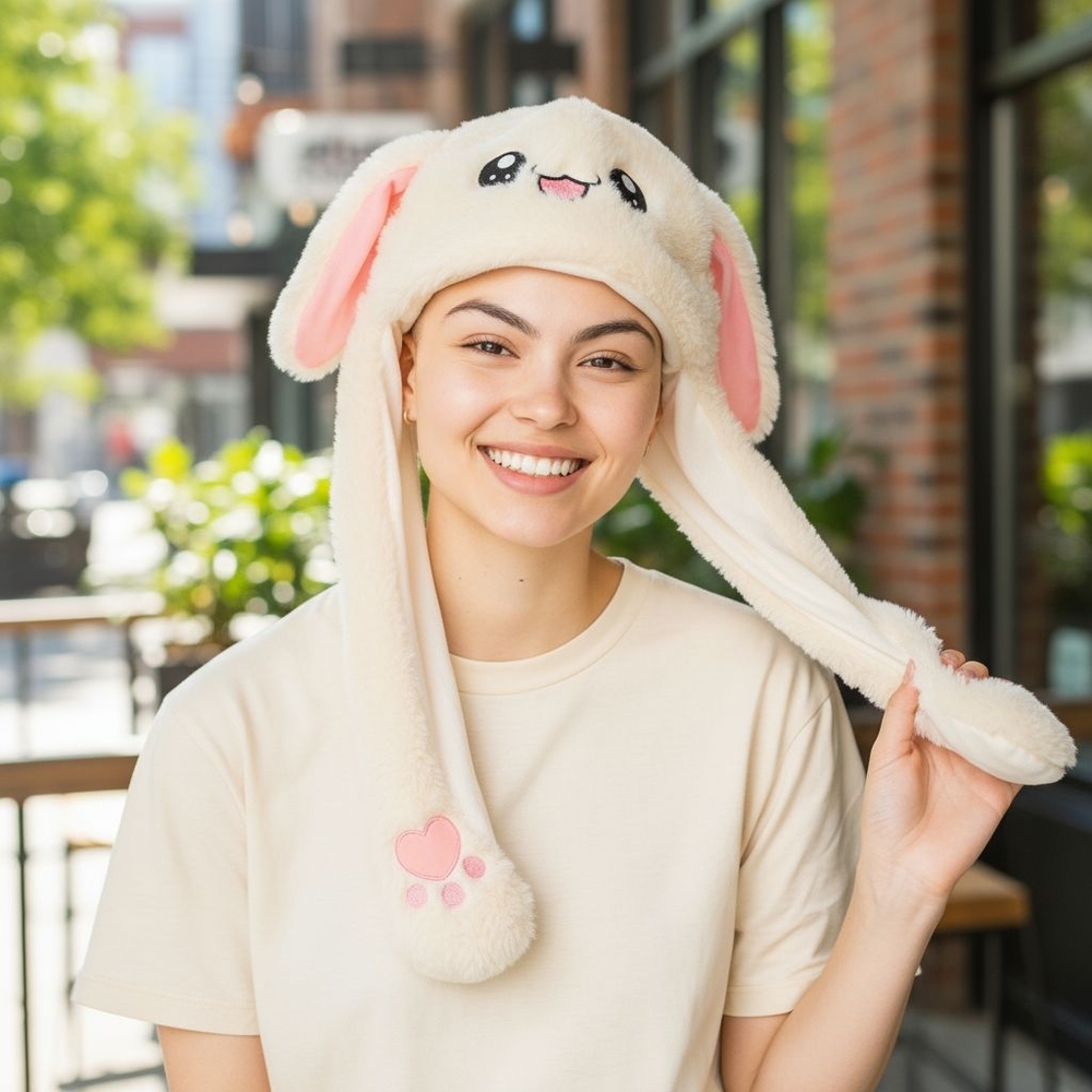 Cute White Bunny Ear Hat with Pink Accents